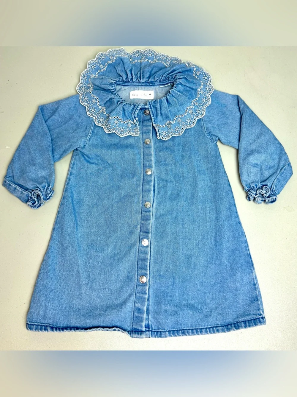 Zara Kids Girls Denim Dress Long Sleeve with Lace Statement Collar Size 3 Years